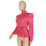 Hot Pink High Neck Puff Sleeve Tie Waist Faux Leather Top