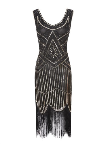 1920s Vintage Sequin Fringe Hem Flapper Dress in Black/Gold