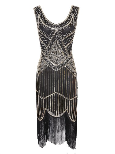 1920s Vintage Sequin Fringe Flapper Dress in Contrast Gold