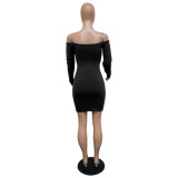 Black Off Shoulder Ruched Drawstring Bodycon Dress