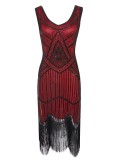 1920s Vintage Sequin Fringe Hem Flapper Dress in Red/Black