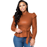 Brown High Neck Puff Sleeve Tie Waist Faux Leather Top