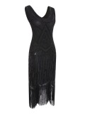 1920s Vintage Sequin Fringe Flapper Dress in Pure Black