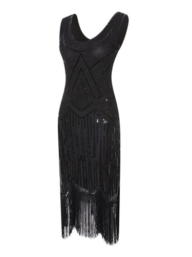 1920s Vintage Sequin Fringe Flapper Dress in Pure Black