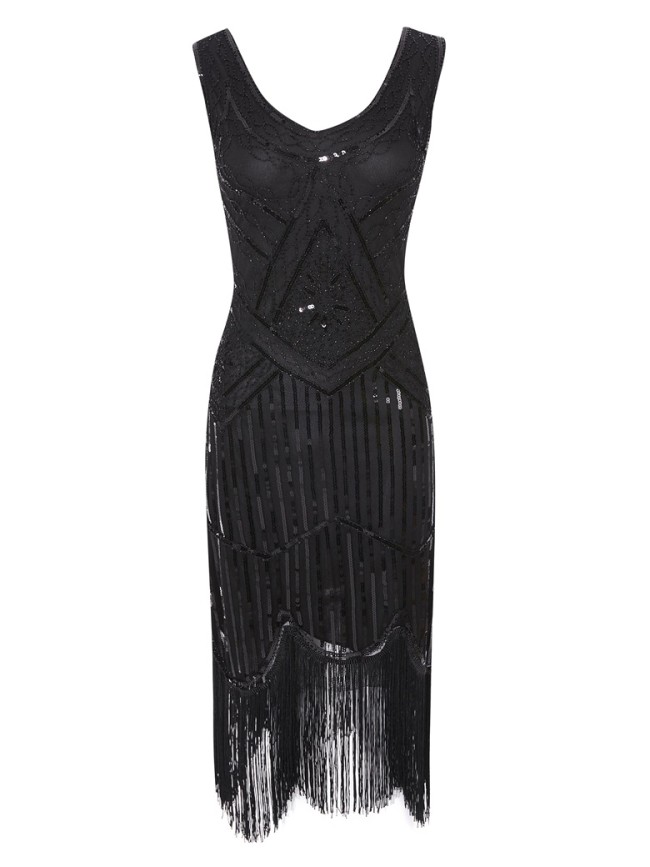 1920s Vintage Sequin Fringe Flapper Dress in Pure Black