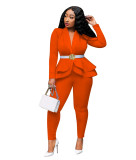 Office Fitted Orange Peplum Blazer and Pants Set