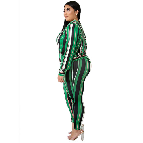 Plus Size Striped Zip Up Jacket and Tight Pants Set