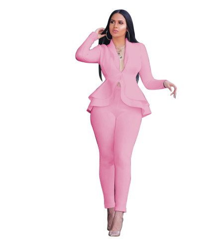 Office Fitted Pink Peplum Blazer and Pants Set