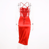 Sexy Red Straps Silky Midi Dress