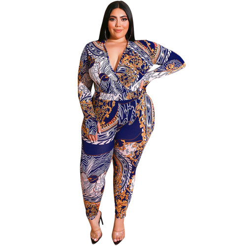 Plus Size Sexy V Neck Printed Bodycon Jumpsuit