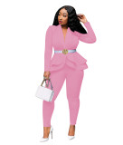 Office Fitted Pink Peplum Blazer and Pants Set