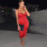 Sexy Red Straps Silky Midi Dress