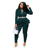 Office Fitted Dark Green Peplum Blazer and Pants Set