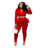 Office Fitted Red Peplum Blazer and Pants Set