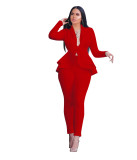 Office Fitted Red Peplum Blazer and Pants Set