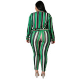 Plus Size Striped Zip Up Jacket and Tight Pants Set