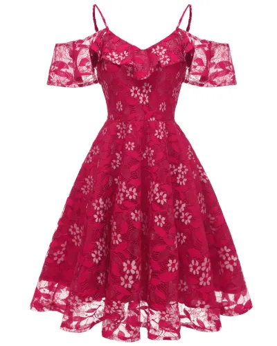 Burgundy Lace Ruffle Shoulder Straps Skater Dress
