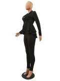 Black Fitted Office Peplum Blazer and Pants Set