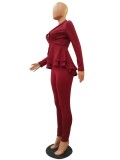 Office Fitted Burgundy Peplum Blazer and Pants Set