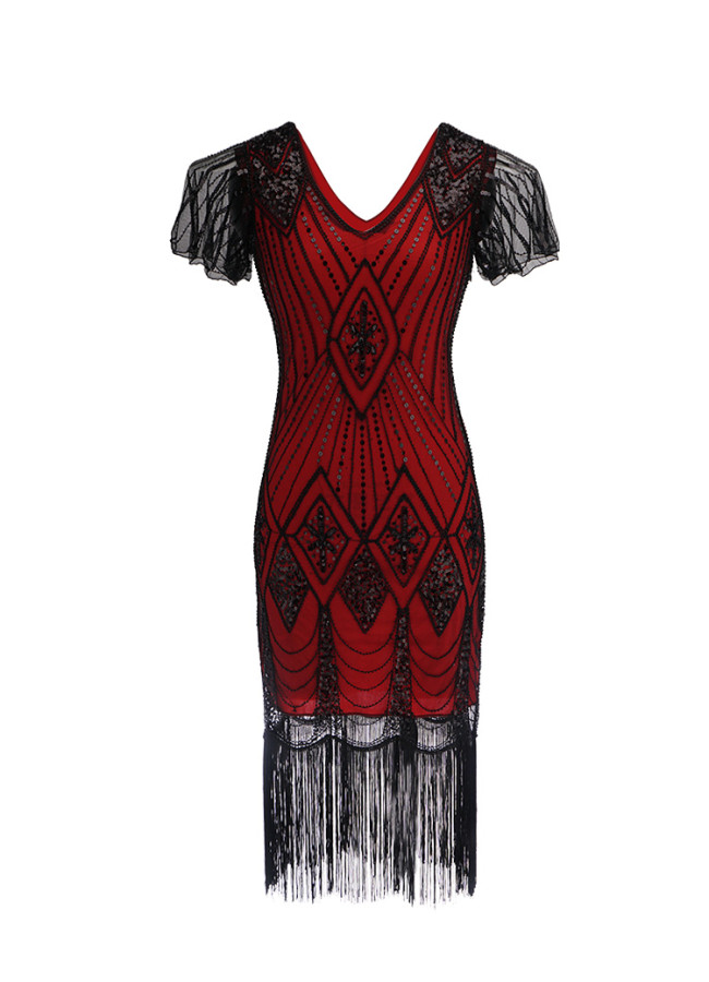 1920s Vintage Sequin Tassel Cocktail Dress in Black/Red