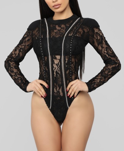 Sexy Black Floral Lace Long Sleeve Bodysuit