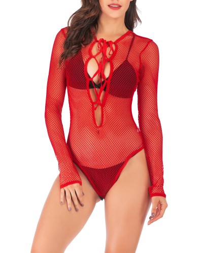 Red Lace Up Long Sleeve Fishnet Bodysuit