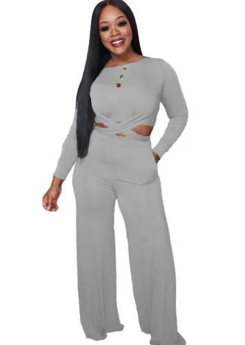 Cross Wrap Crop Top & Wide Leg Pants Set in Gray