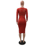 Red Floral Lace Bodice Bodycon Midi Dress