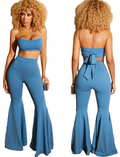 Blue Bandeau Top and Flared Pants Set