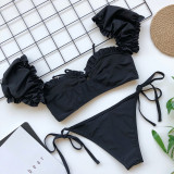 Black Ruffle Short Sleeve Triangle Tie Side 2 Piece Swimsuit