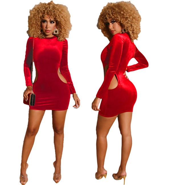 Waist Cut Out Red Velvet Long Sleeve Bodycon Dress