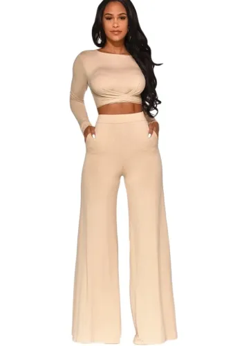Cross Wrap Crop Top & Wide Leg Pants Set in Beige