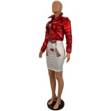 Red Zip Up Fashion Padded Patent Short Jacket