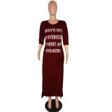 3/4 Sleeve Letter Print Casual T-Shirt Dress in Burgundy