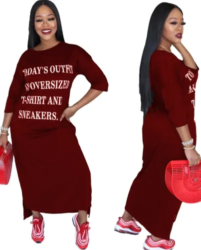 3/4 Sleeve Letter Print Casual T-Shirt Dress in Burgundy