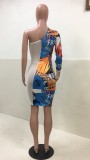 Sexy Printed Mesh Splicing One Shoulder Club Dress