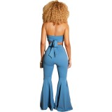 Blue Bandeau Top and Flared Pants Set