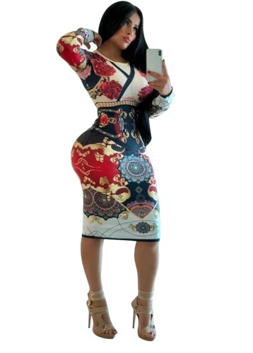 Ethnic Print Long Sleeve Bodycon Midi Dress