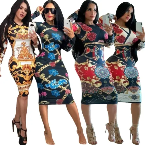 Tribal Print Long Sleeve Bodycon Midi Dress