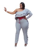 Plus Grey Ruffle One Shoulder Contrast Belted Jumpsuit