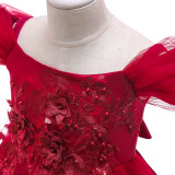 Red Off Shoulder Flower Applique Beaded Girls Tulle Dress
