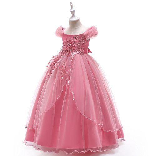 Pink Off Shoulder Flower Applique Beaded Girls Tulle Dress