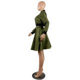 Army Green Zipper Short Jacket and Flare Skirt Set