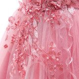 Pink Off Shoulder Flower Applique Beaded Girls Tulle Dress