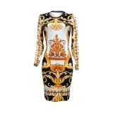 Retro Print Long Sleeve Bodycon Midi Dress