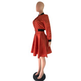 Orange Zipper Short Jacket and Flare Skirt Set