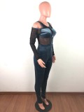 Cold Shoulder Mesh Insert Velvet Slinky Jumpsuit in Gray