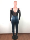 Cold Shoulder Mesh Insert Velvet Slinky Jumpsuit in Gray