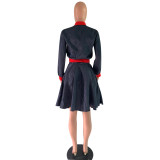 Navy Zipper Short Jacket and Flare Skirt Set