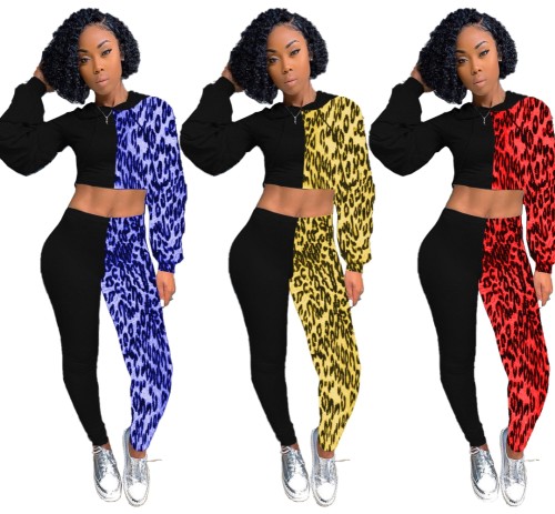 Leopard Print Colorblock Hooded Crop Top and Pants Set